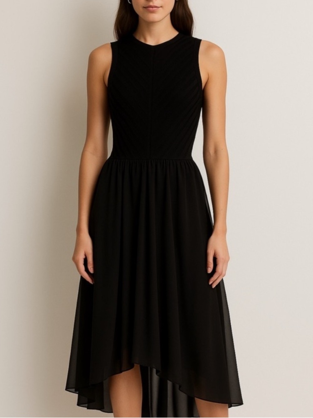 Ronny Kobo Herringbone Knit and Chiffon Midi Dress in Black
